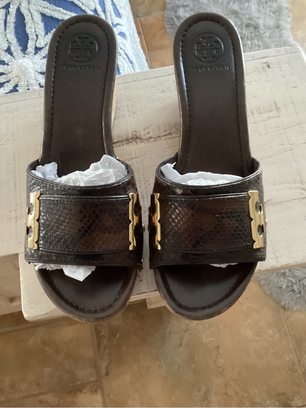 Tory Burch Dark Brown Leather Slide Mules with Gold Logo Accent 8.5
